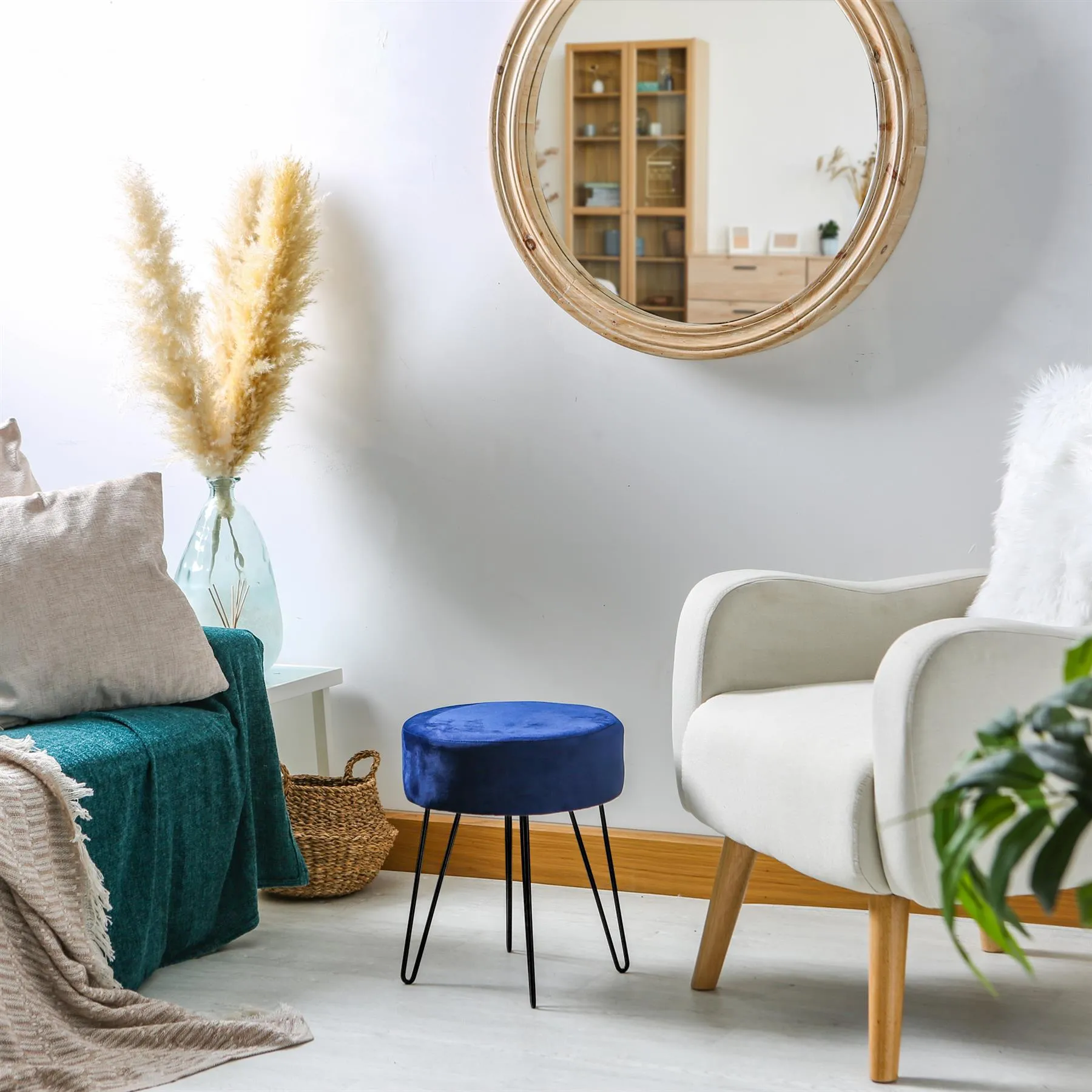 Blue Round Velvet Footstool - By Harbour Housewares