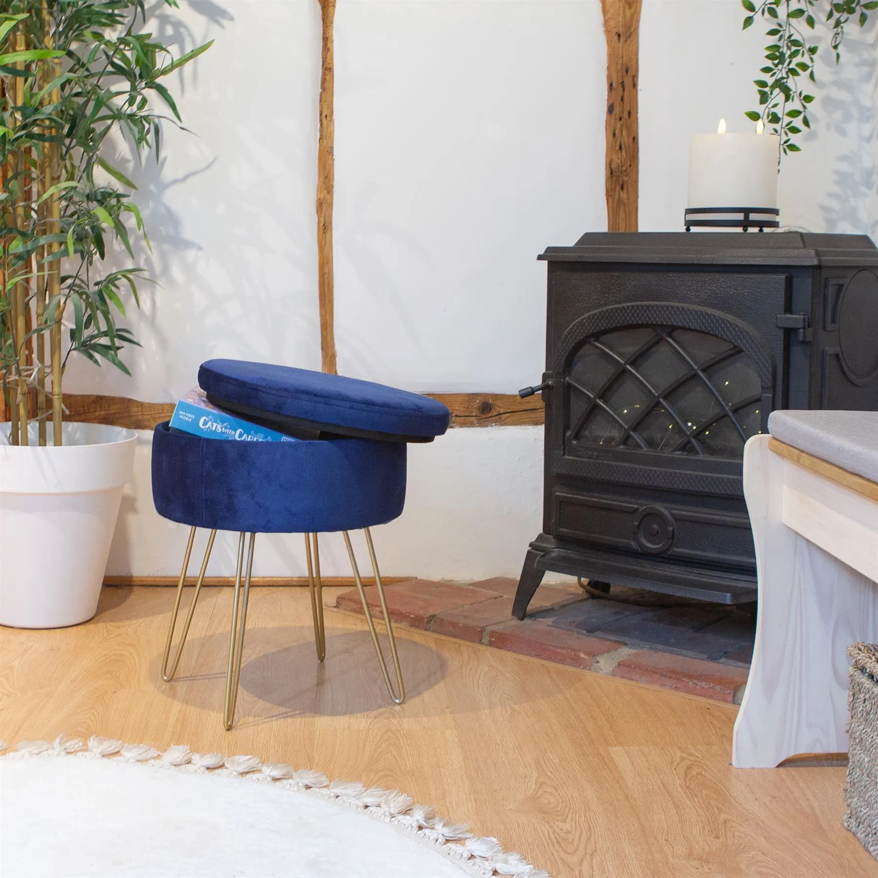 Blue Round Velvet Storage Footstool - By Harbour Housewares