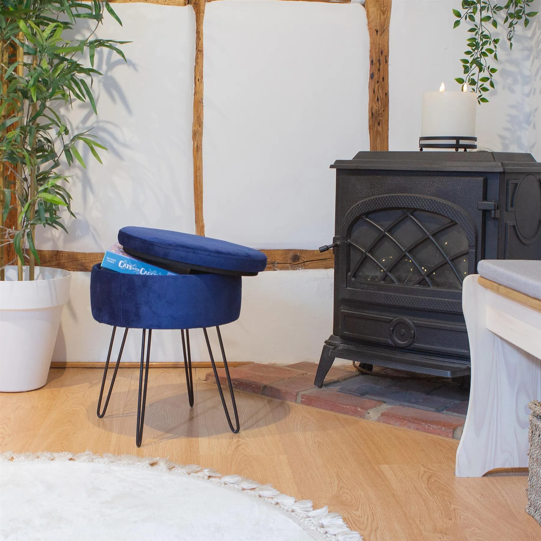 Blue Round Velvet Storage Footstool - By Harbour Housewares
