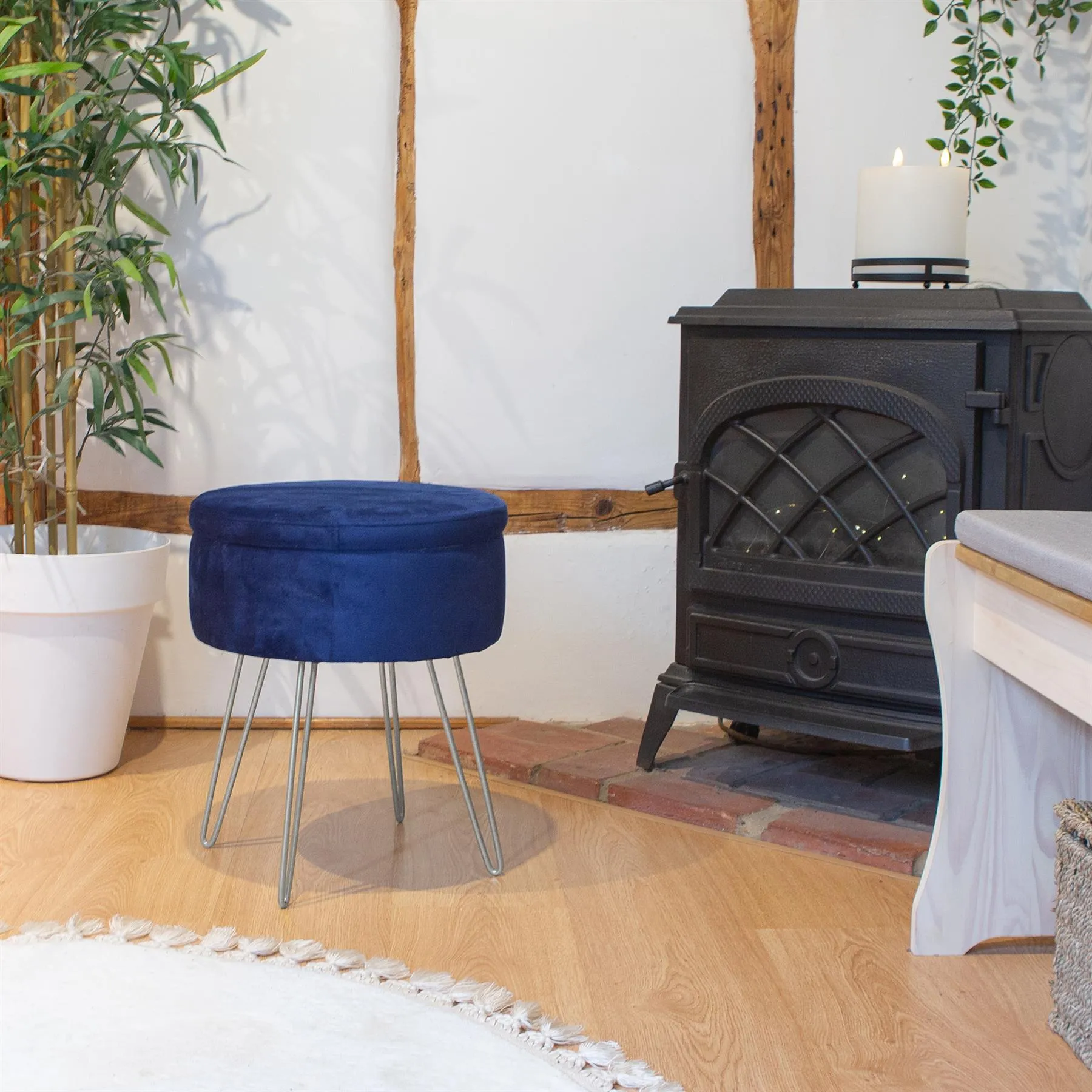 Blue Round Velvet Storage Footstool - By Harbour Housewares