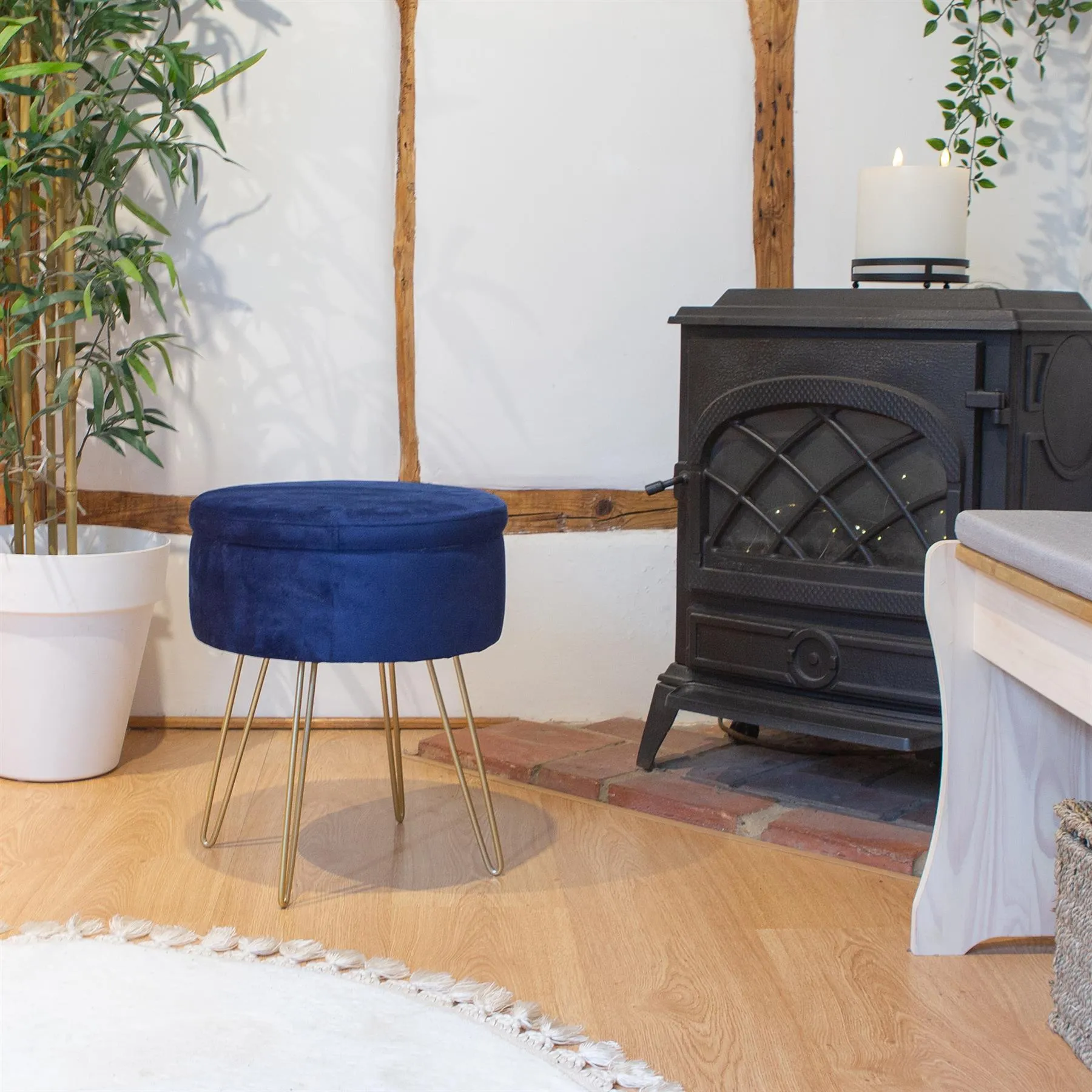 Blue Round Velvet Storage Footstool - By Harbour Housewares
