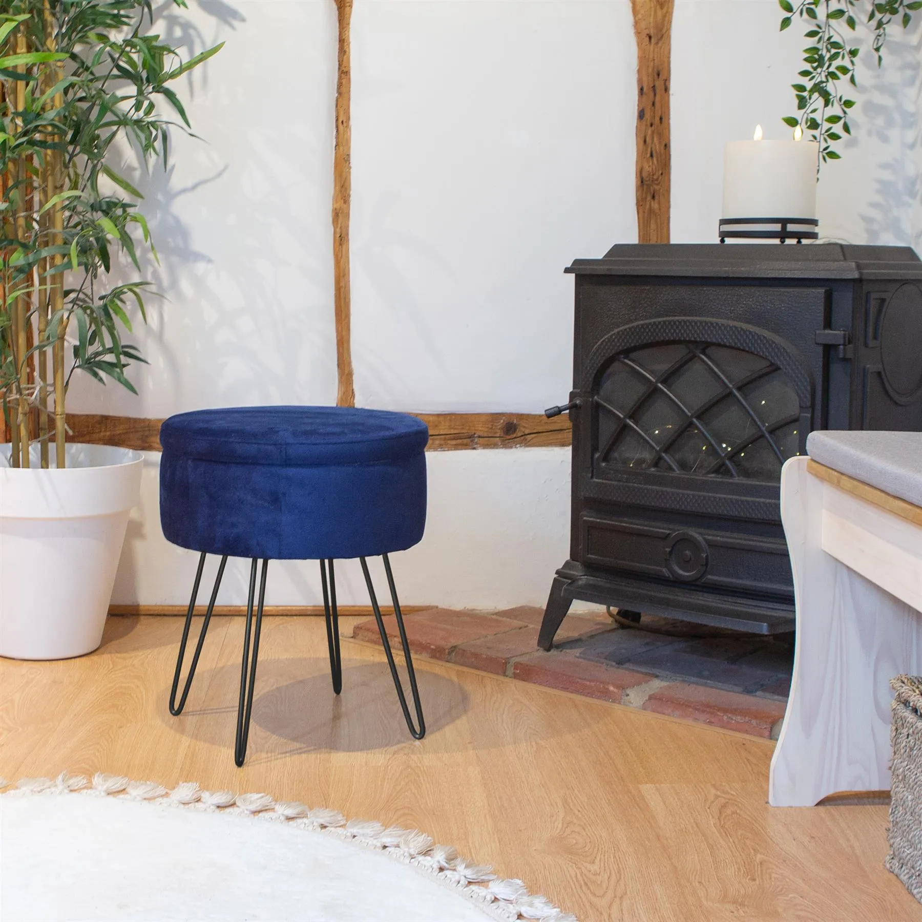 Blue Round Velvet Storage Footstool - By Harbour Housewares