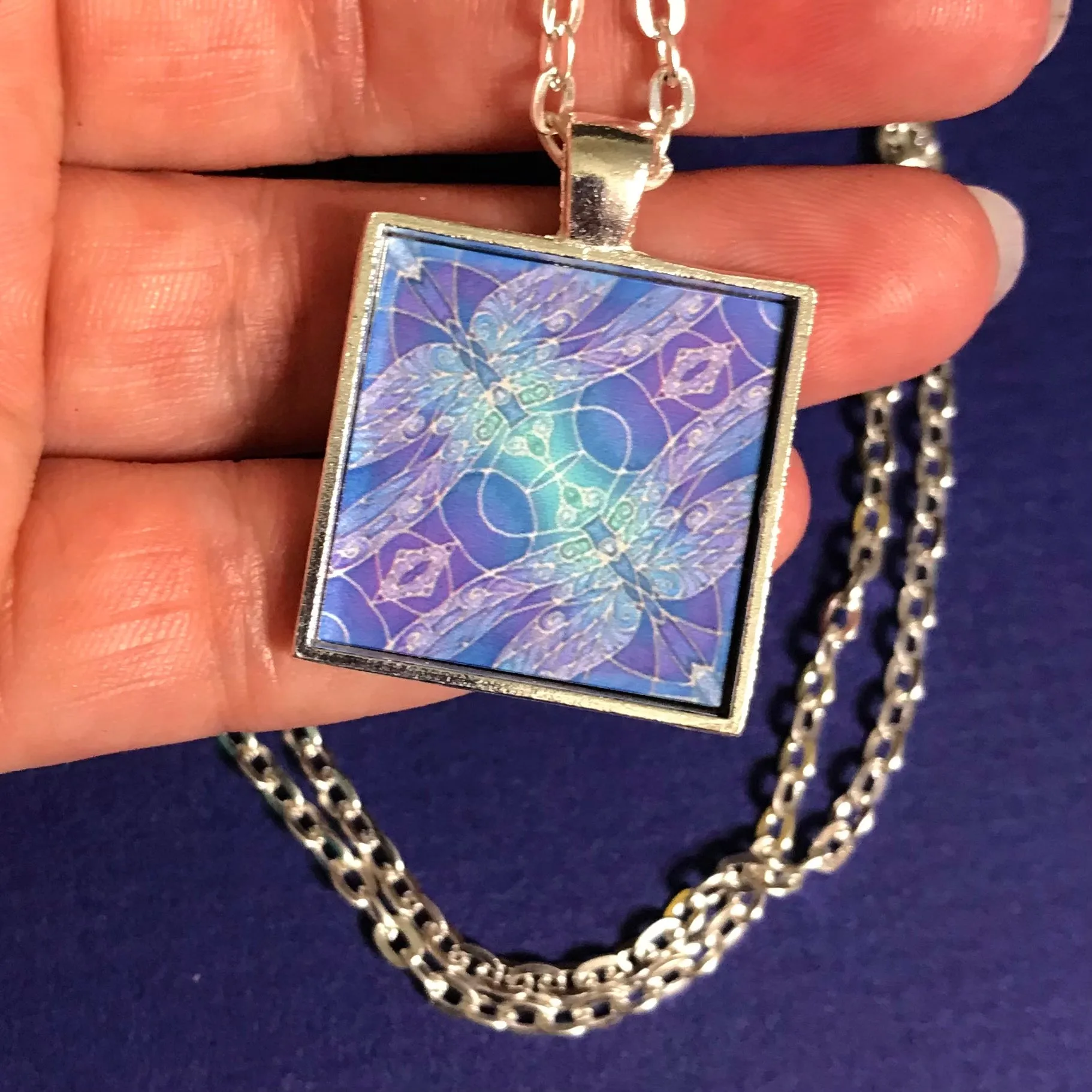 Blue Turquoise Twin Dragonflies Necklace - Square Dragonfly Pendant - Affordable gift