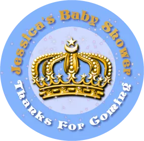 Blue White and Gold Royal Prince Crown Personalized Baby Shower Round  Stickers  Supplies Labels