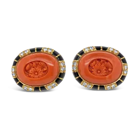 Carved Coral, Onyx & Diamond Earrings
