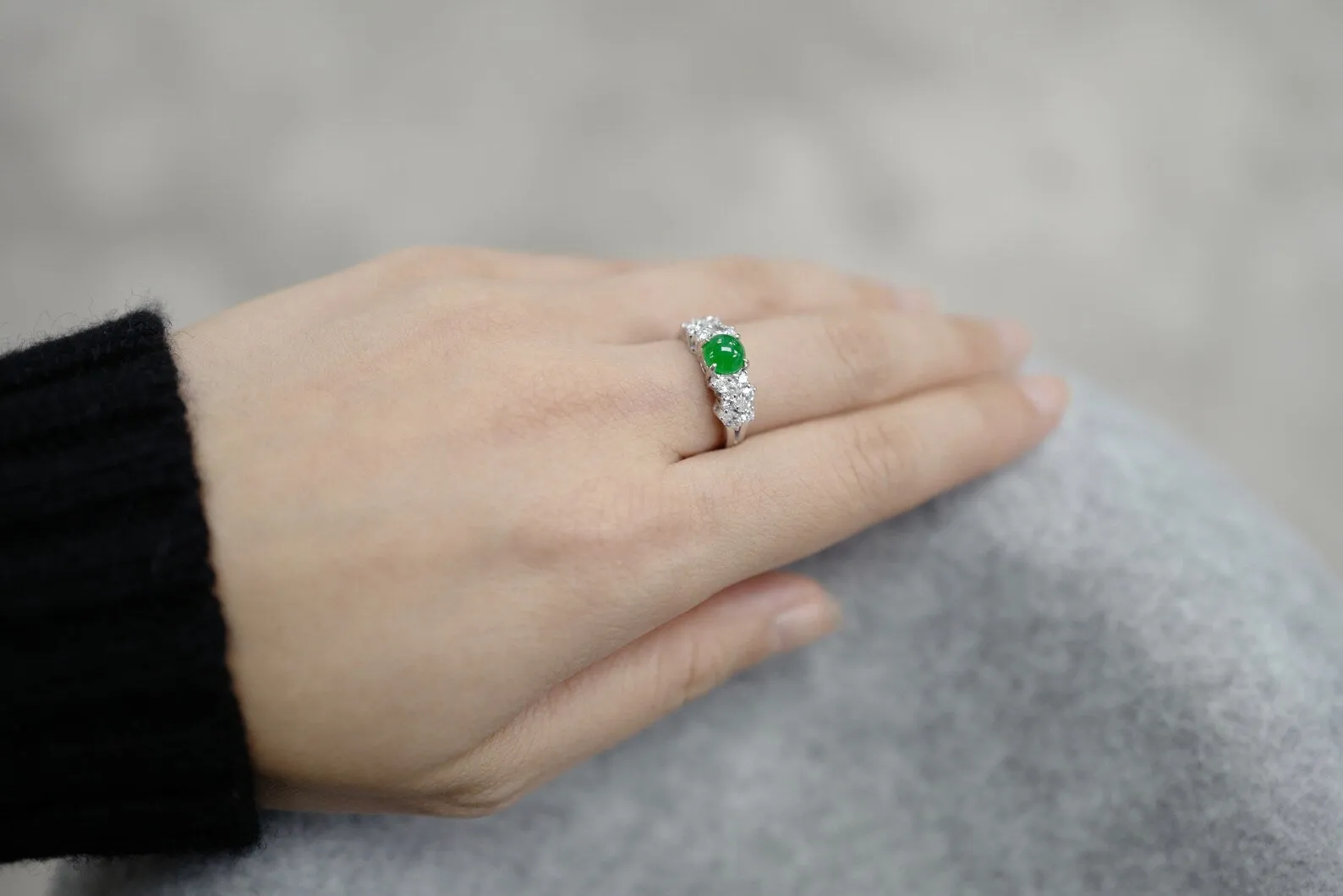 Certified Natural Green Jade & Diamond Ring in 14K Solid Yellow Gold