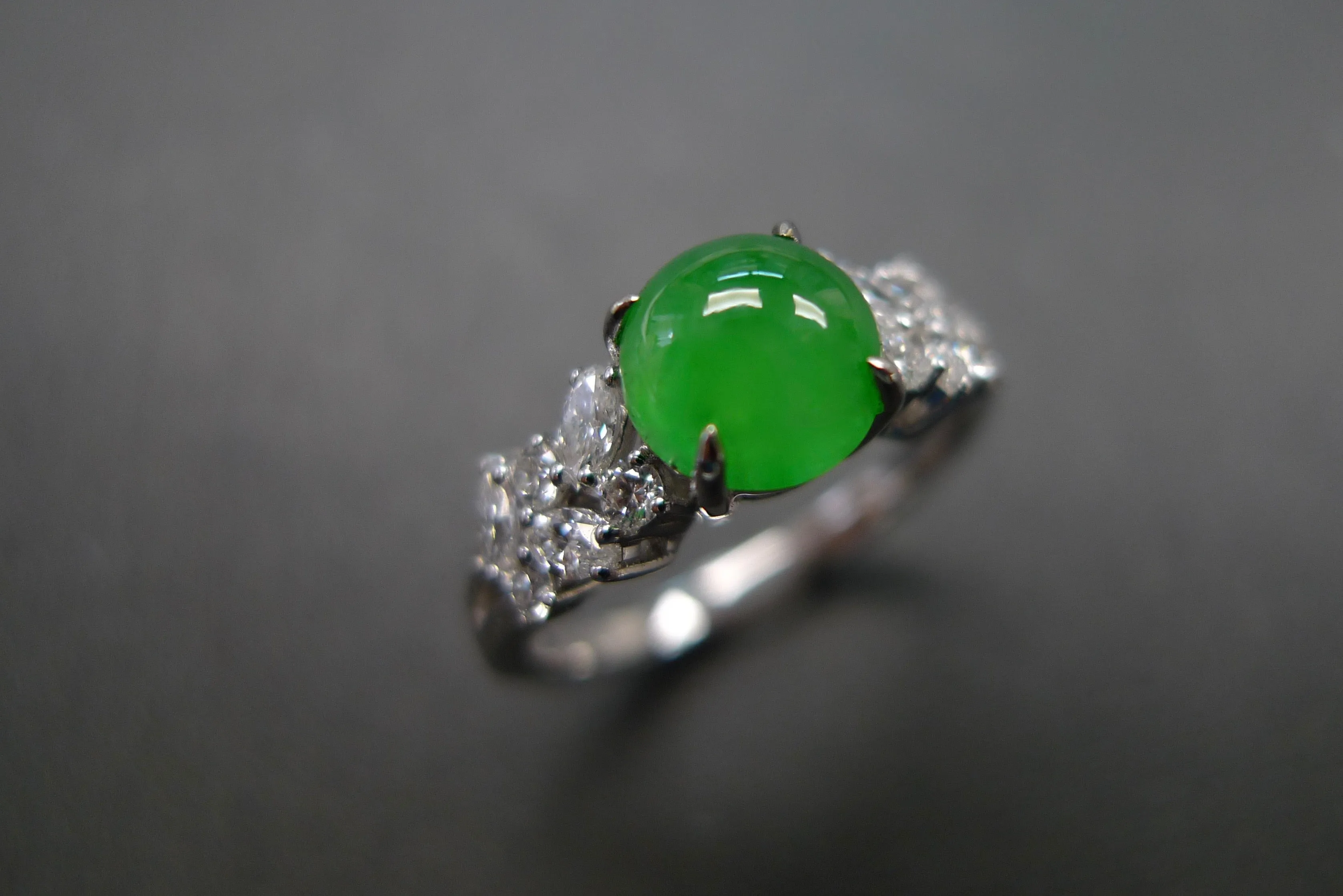 Certified Natural Green Jade & Diamond Ring in 14K Solid Yellow Gold