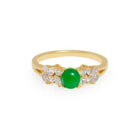 Certified Natural Green Jade & Diamond Ring in 14K Solid Yellow Gold
