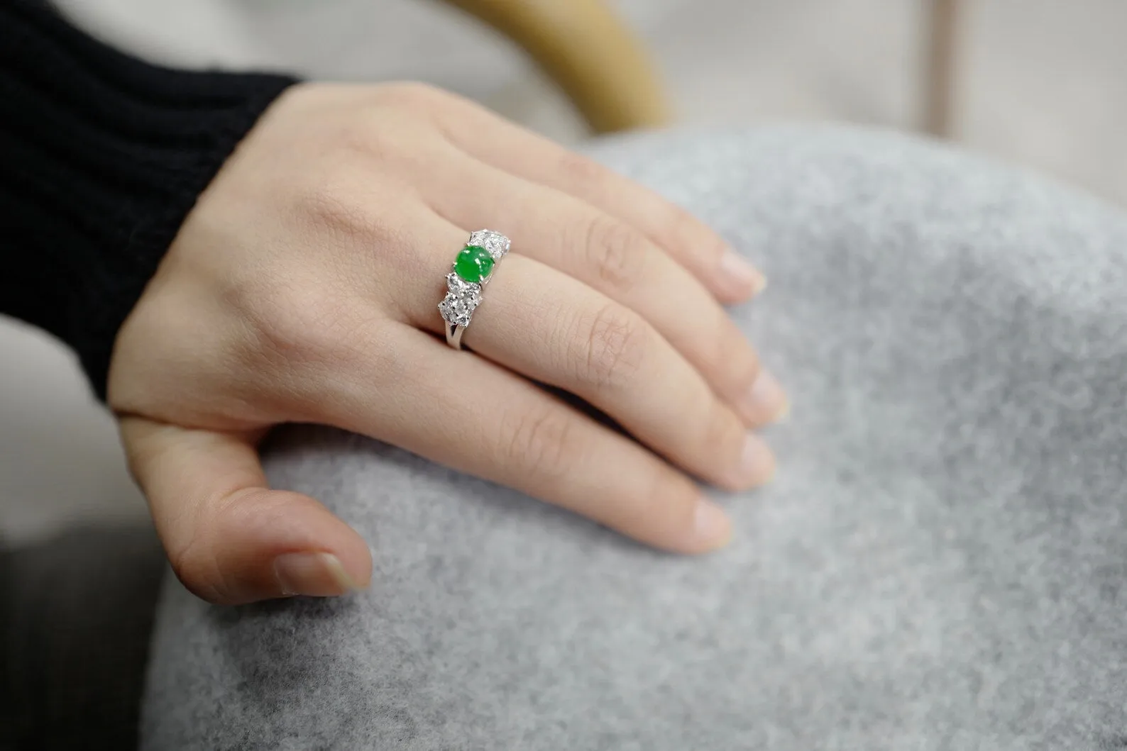 Certified Natural Green Jade & Diamond Ring in 14K Solid Yellow Gold