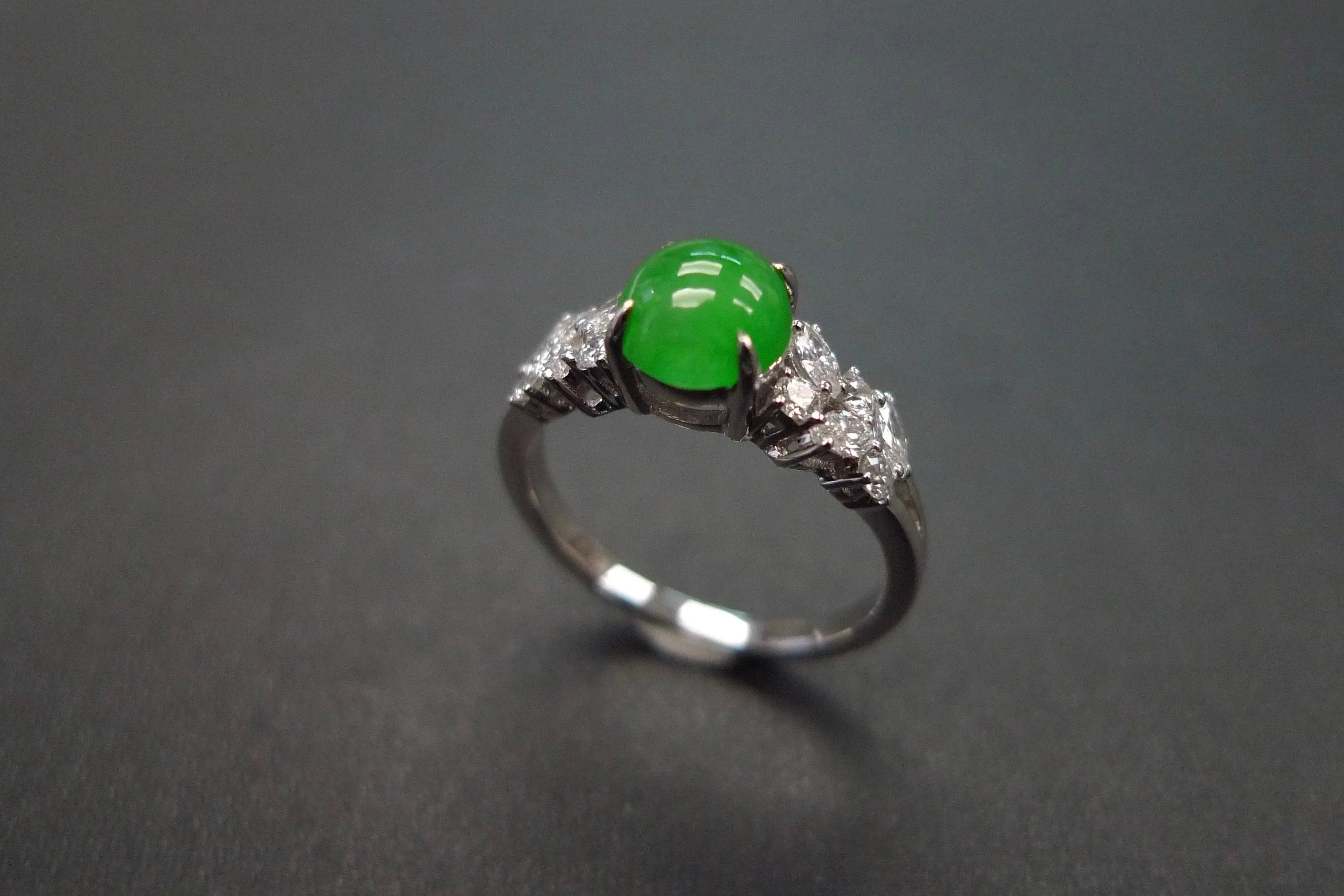 Certified Natural Green Jade & Diamond Ring in 14K Solid Yellow Gold