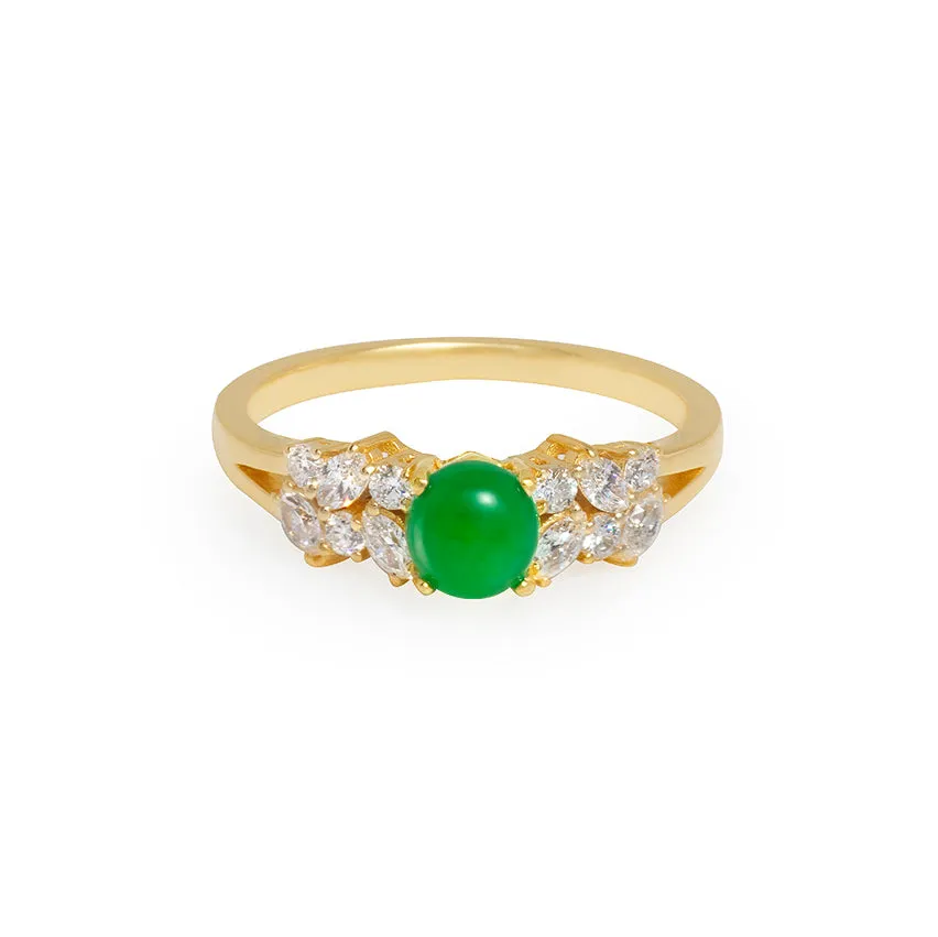 Certified Natural Green Jade & Diamond Ring in 14K Solid Yellow Gold