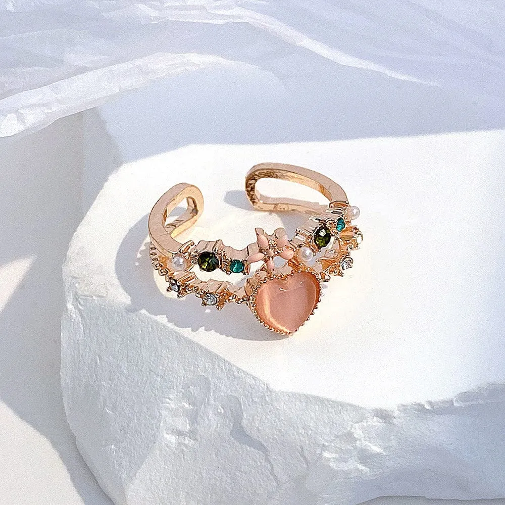 Charming Sweet Floral Opal Heart Ring