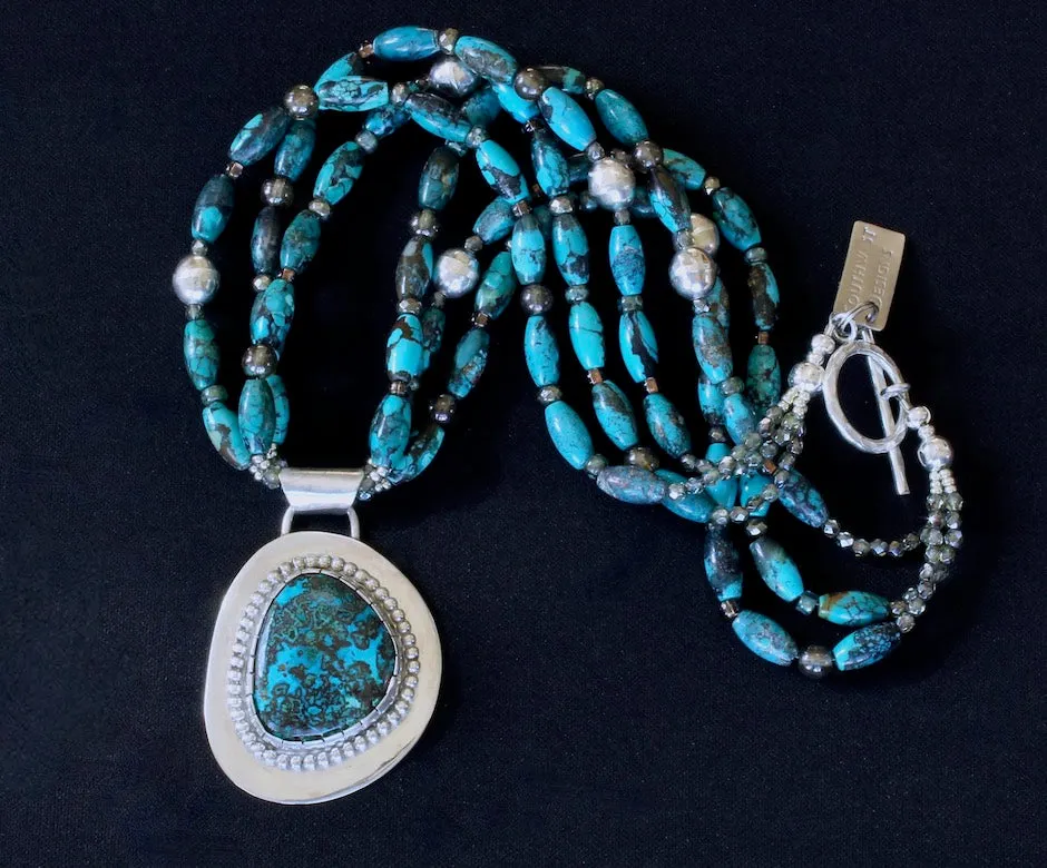 Chrysocolla-Malachite and Sterling Silver Pendant with 3 Strands of Turquoise Long Ovals, Bench-Made Sterling Silver Rounds, Czech Glass, Pyrite Nuggets and a Sterling Silver Toggle Clasp