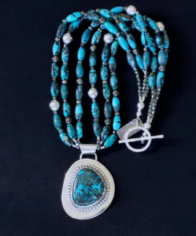 Chrysocolla-Malachite and Sterling Silver Pendant with 3 Strands of Turquoise Long Ovals, Bench-Made Sterling Silver Rounds, Czech Glass, Pyrite Nuggets and a Sterling Silver Toggle Clasp