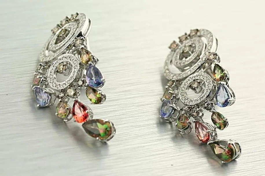 Colored Diamonds Dangle Chandelier Earrings 18K White Gold