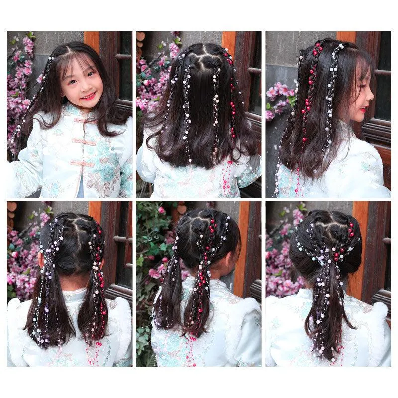 Colored flower bow Braided hair chain Pearl hair accessories chain Pearl braided tassels Braided hair band Popular items Braided hair headdress