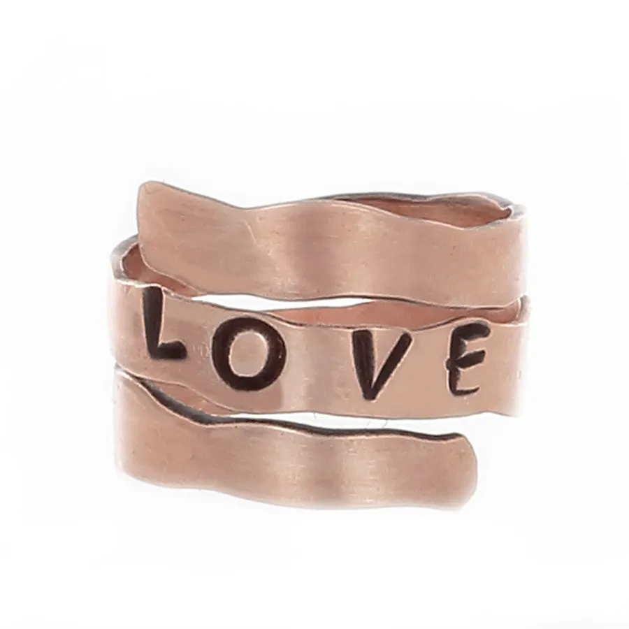 Copper Wrap Rings, stamped with the word "LOVE" or "JOY"- adjustable sizes