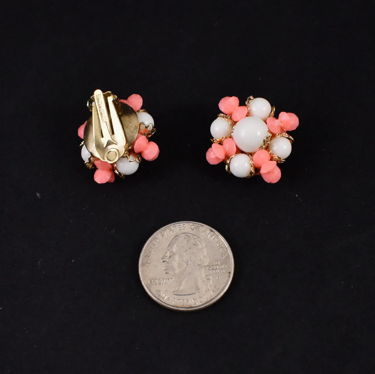 Coral & White Bead Cluster Earrings