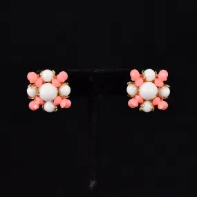 Coral & White Bead Cluster Earrings