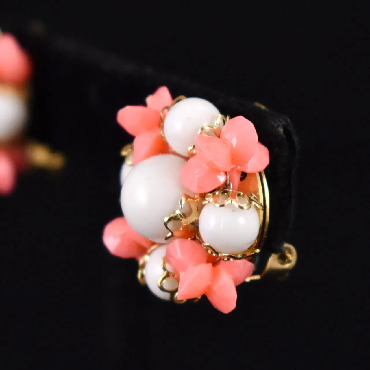 Coral & White Bead Cluster Earrings