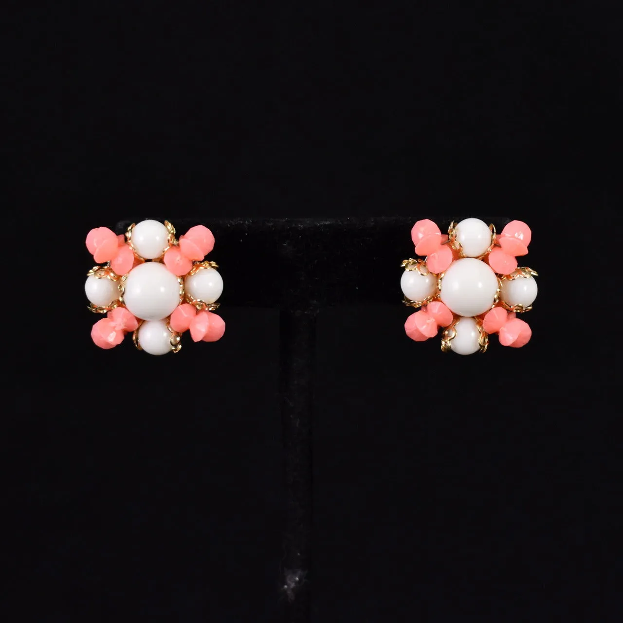 Coral & White Bead Cluster Earrings