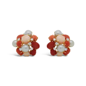 Coral, Diamond & Pearl Cluster Earrings
