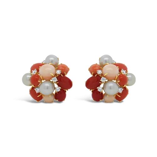 Coral, Diamond & Pearl Cluster Earrings