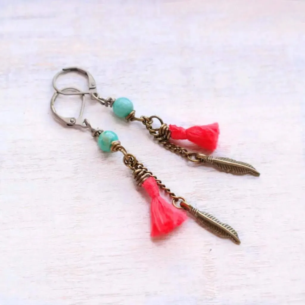 Coral Red Chain Earrings with Amazonite