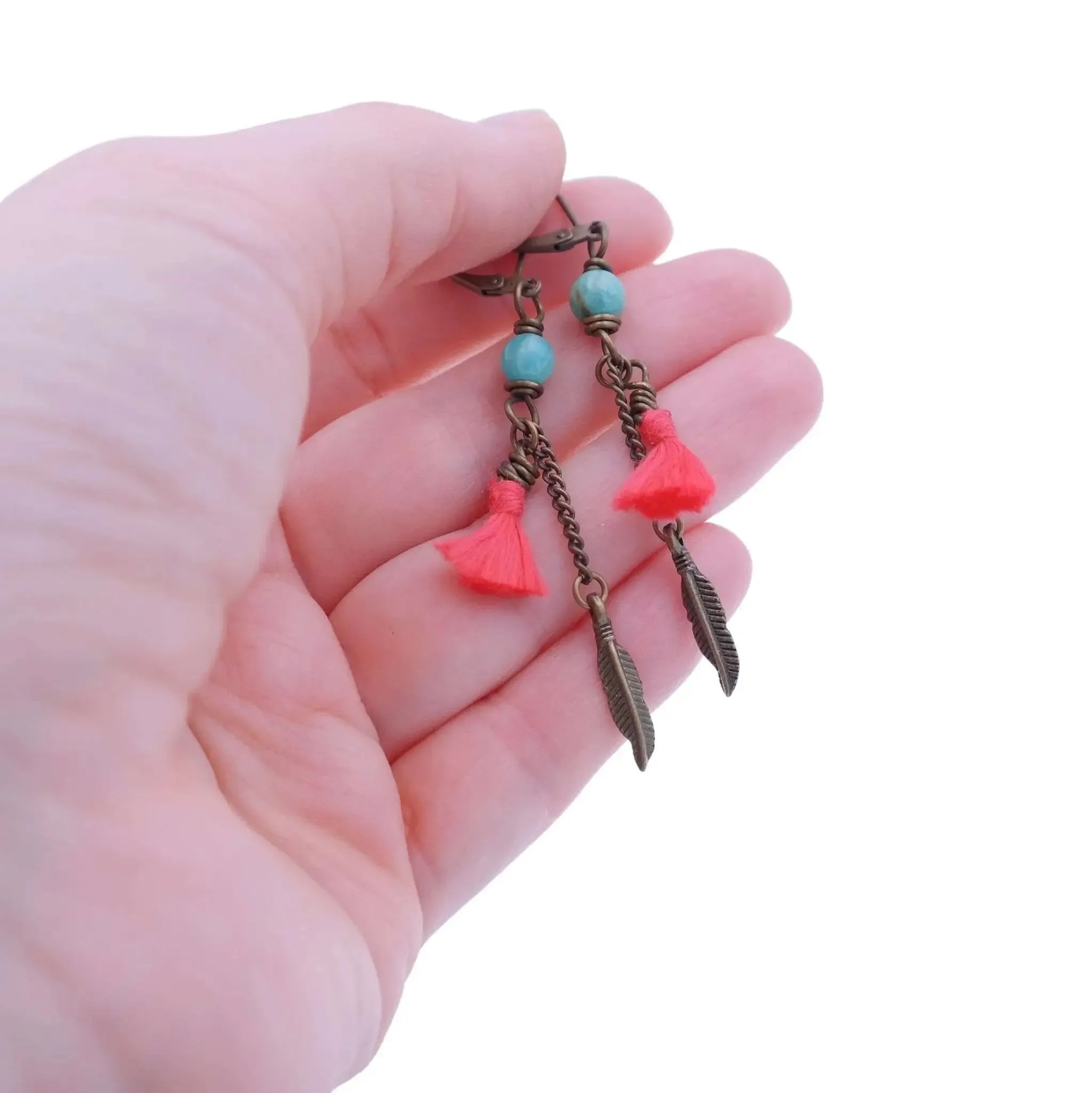 Coral Red Chain Earrings with Amazonite