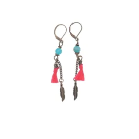 Coral Red Chain Earrings with Amazonite