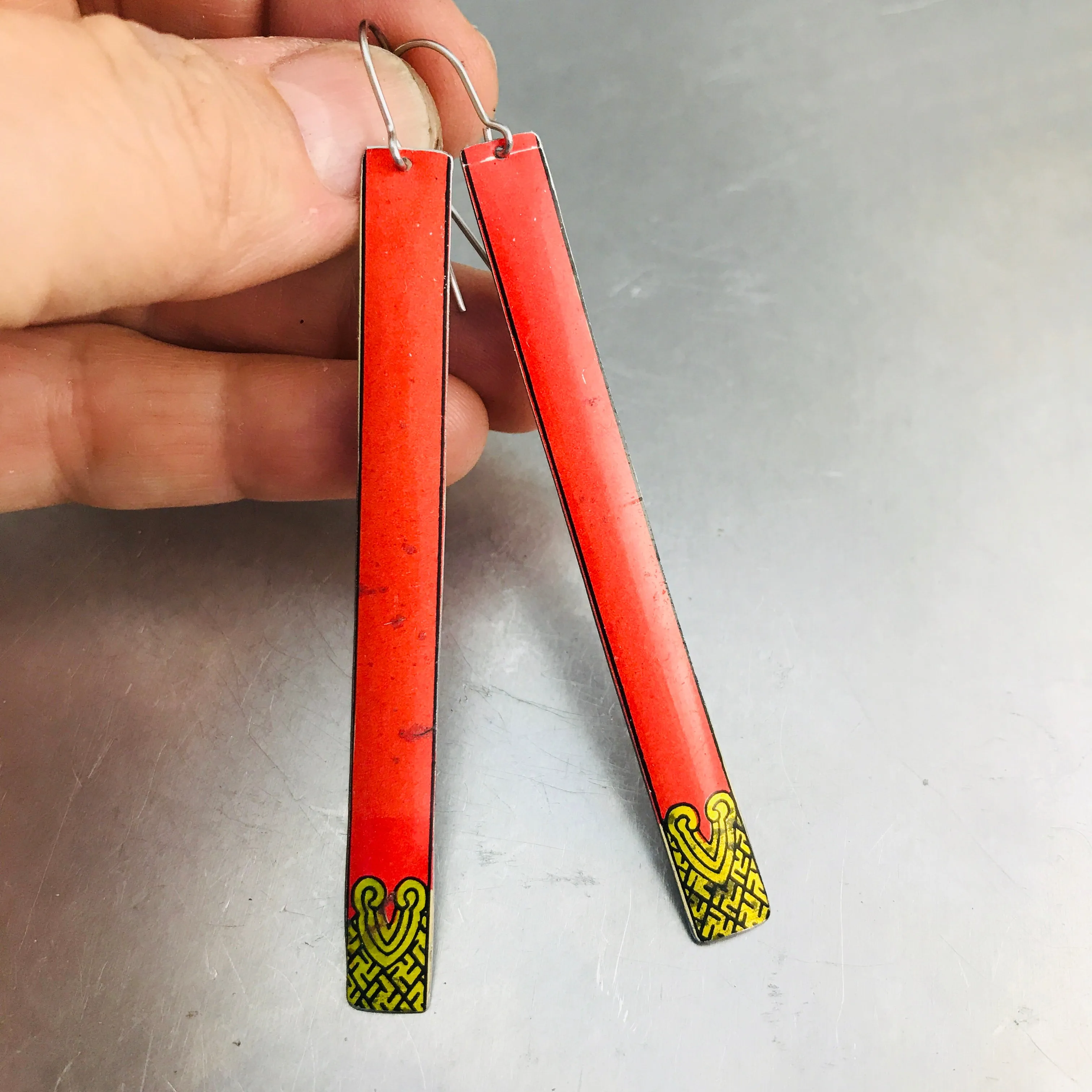 Coral with Golden Geometric Detail Long Narrow Tin Earrings