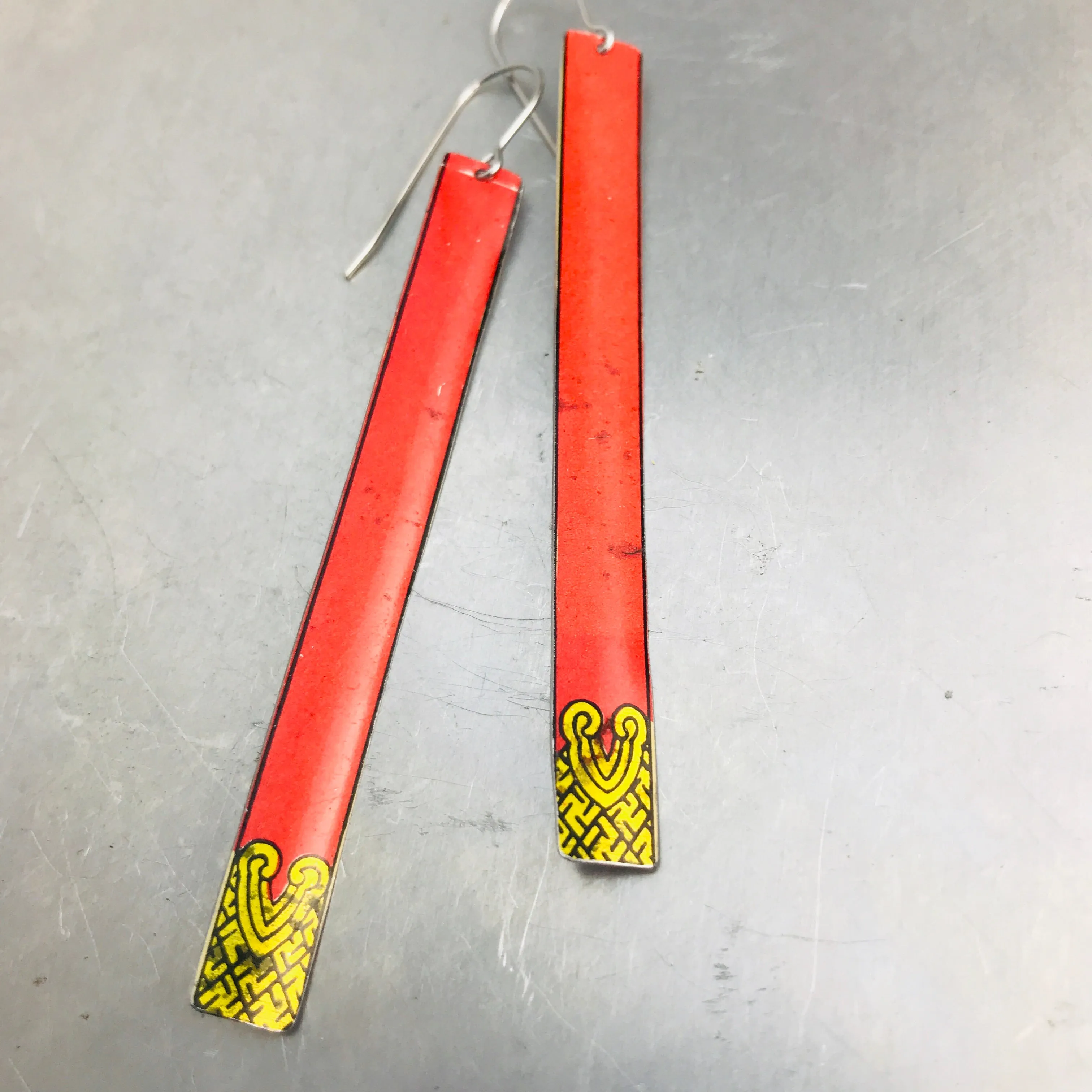 Coral with Golden Geometric Detail Long Narrow Tin Earrings