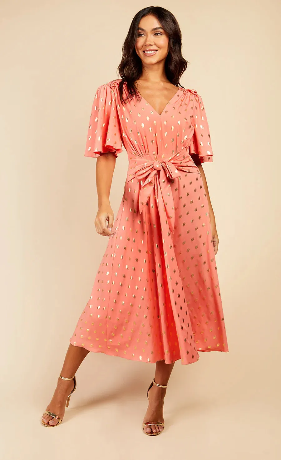 Corina Foil Midaxi Dress (Coral/Gold)