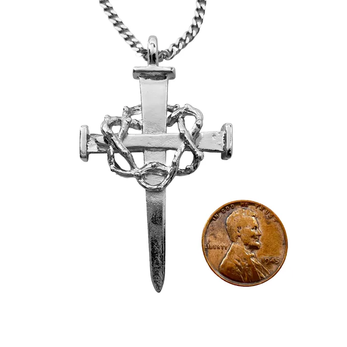 Crown Of Thorns Nail Cross Large Pendant Rhodium Metal Finish Chain Necklace