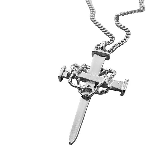 Crown Of Thorns Nail Cross Large Pendant Rhodium Metal Finish Chain Necklace
