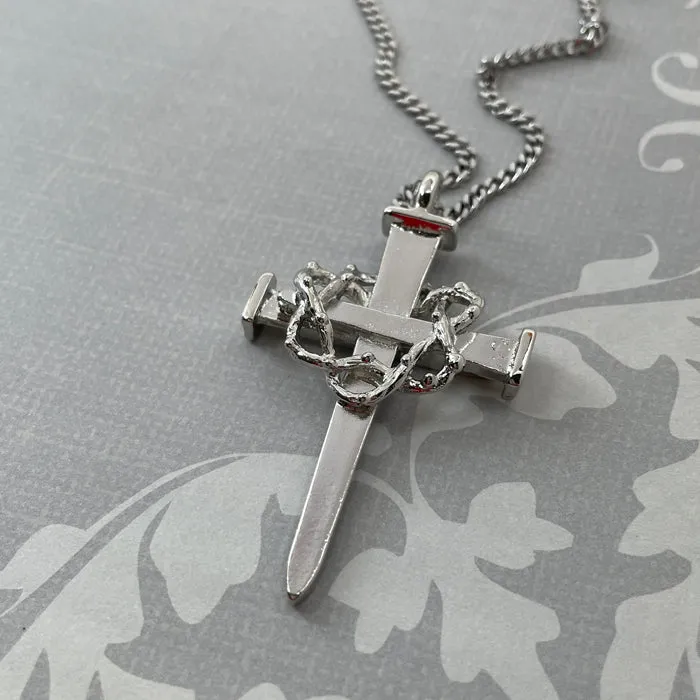 Crown Of Thorns Nail Cross Large Pendant Rhodium Metal Finish Chain Necklace