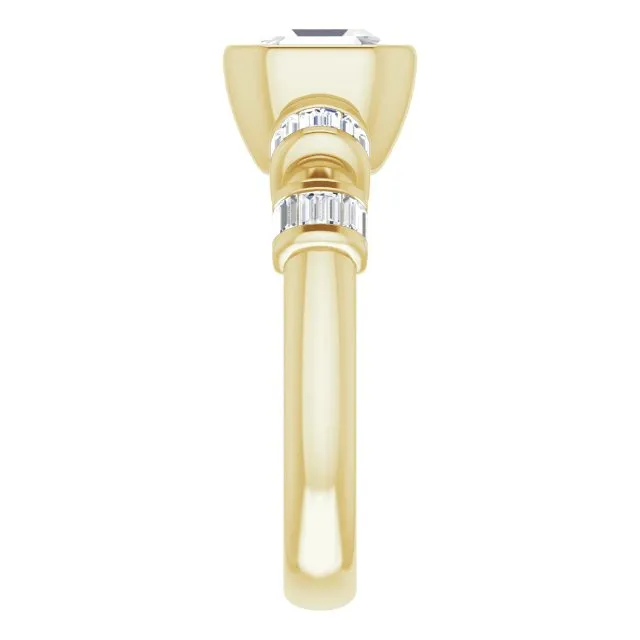 Cubic Zirconia Engagement Ring- The Astrid (Customizable Bezel-set Asscher Cut Design with Quad Horizontal Band Sleeves of Baguette Accents)