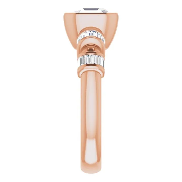 Cubic Zirconia Engagement Ring- The Astrid (Customizable Bezel-set Asscher Cut Design with Quad Horizontal Band Sleeves of Baguette Accents)