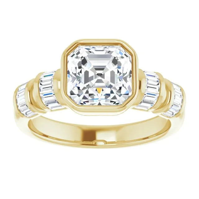 Cubic Zirconia Engagement Ring- The Astrid (Customizable Bezel-set Asscher Cut Design with Quad Horizontal Band Sleeves of Baguette Accents)