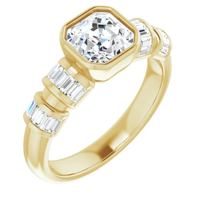 Cubic Zirconia Engagement Ring- The Astrid (Customizable Bezel-set Asscher Cut Design with Quad Horizontal Band Sleeves of Baguette Accents)