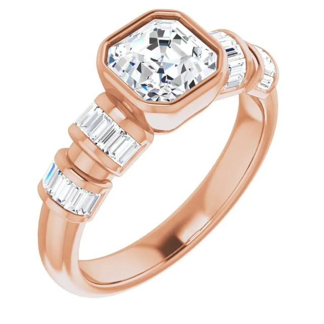 Cubic Zirconia Engagement Ring- The Astrid (Customizable Bezel-set Asscher Cut Design with Quad Horizontal Band Sleeves of Baguette Accents)