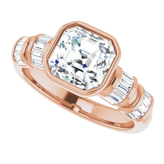 Cubic Zirconia Engagement Ring- The Astrid (Customizable Bezel-set Asscher Cut Design with Quad Horizontal Band Sleeves of Baguette Accents)