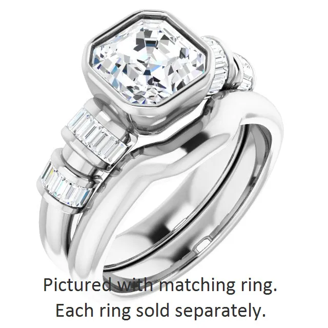 Cubic Zirconia Engagement Ring- The Astrid (Customizable Bezel-set Asscher Cut Design with Quad Horizontal Band Sleeves of Baguette Accents)
