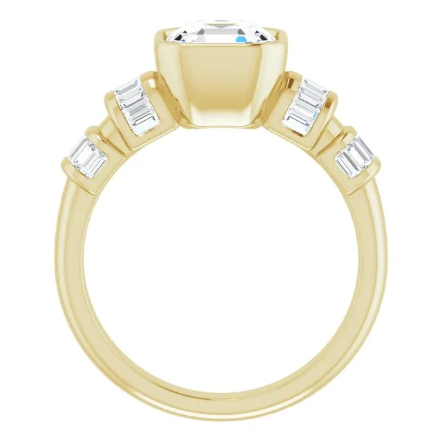 Cubic Zirconia Engagement Ring- The Astrid (Customizable Bezel-set Asscher Cut Design with Quad Horizontal Band Sleeves of Baguette Accents)