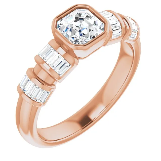 Cubic Zirconia Engagement Ring- The Astrid (Customizable Bezel-set Asscher Cut Design with Quad Horizontal Band Sleeves of Baguette Accents)