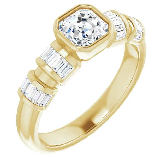 Cubic Zirconia Engagement Ring- The Astrid (Customizable Bezel-set Asscher Cut Design with Quad Horizontal Band Sleeves of Baguette Accents)