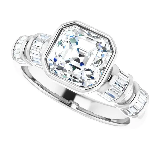 Cubic Zirconia Engagement Ring- The Astrid (Customizable Bezel-set Asscher Cut Design with Quad Horizontal Band Sleeves of Baguette Accents)