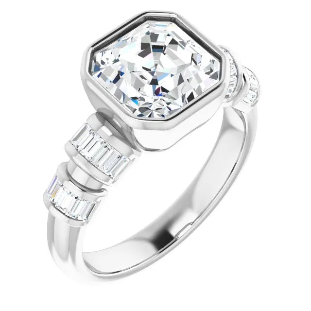 Cubic Zirconia Engagement Ring- The Astrid (Customizable Bezel-set Asscher Cut Design with Quad Horizontal Band Sleeves of Baguette Accents)
