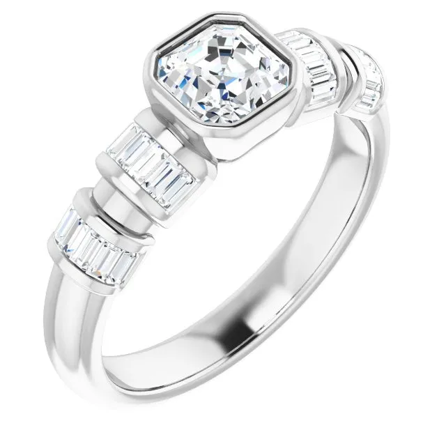 Cubic Zirconia Engagement Ring- The Astrid (Customizable Bezel-set Asscher Cut Design with Quad Horizontal Band Sleeves of Baguette Accents)