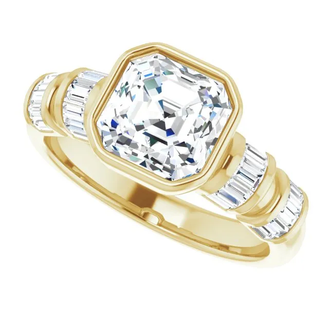 Cubic Zirconia Engagement Ring- The Astrid (Customizable Bezel-set Asscher Cut Design with Quad Horizontal Band Sleeves of Baguette Accents)